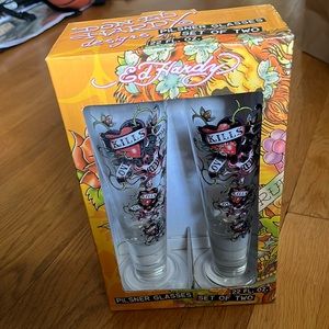 2 Ed Hardy Love Kills Slowly Skull Hearts Tall Pilsner Glass,Christian Audigier